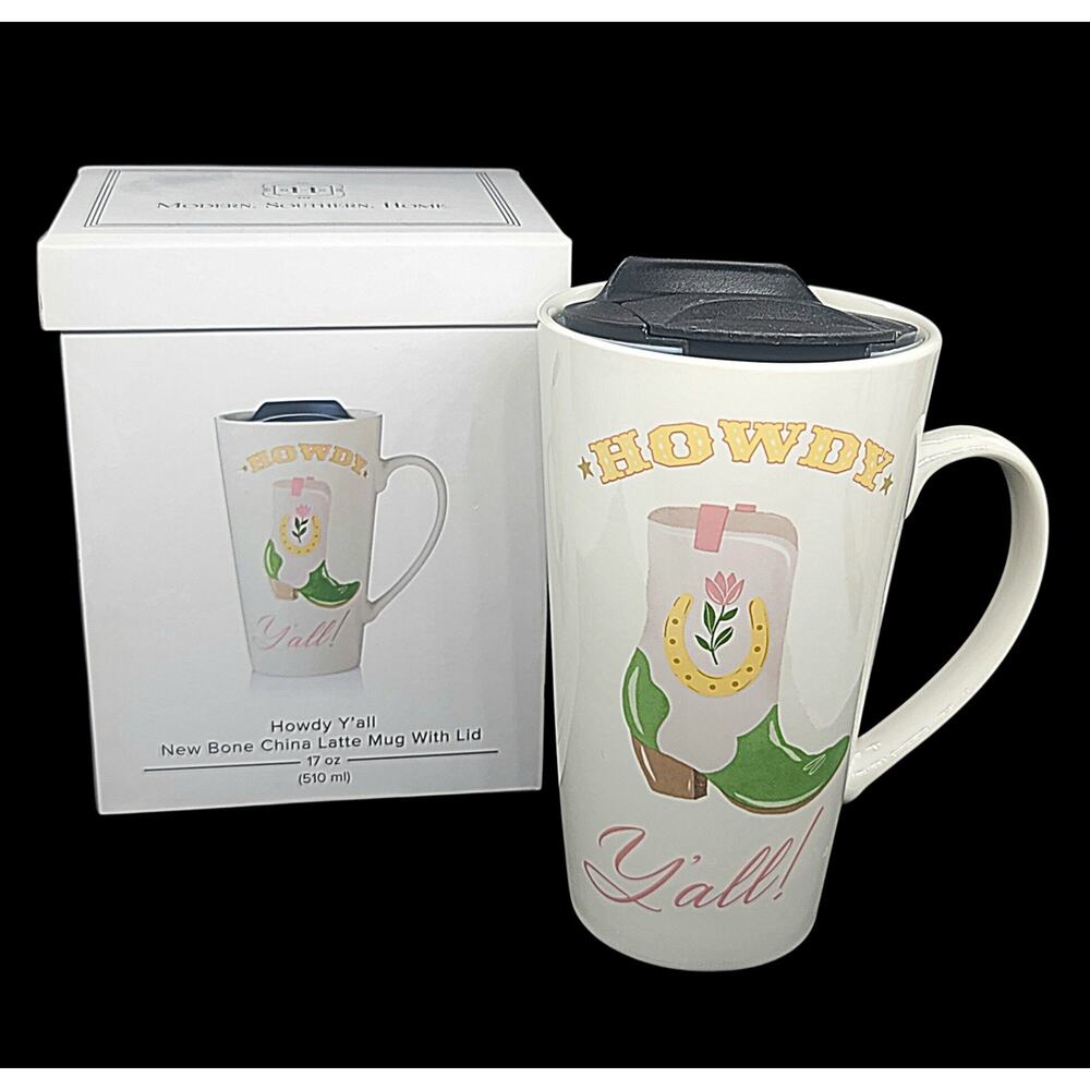 NEW Bone China Latte Coffee Mug W/Lid "Howdy Ya'll" 17 Oz Cowboy Boot - GRS